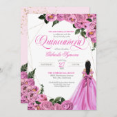 ピンクローズ金ゴールドティアラ&ボールガウンキンセニェラ 招待状 (正面/裏面)