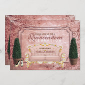 ピンクローズ金ゴールドトピアリーガーデンキンセアニラ 招待状 (正面/裏面)