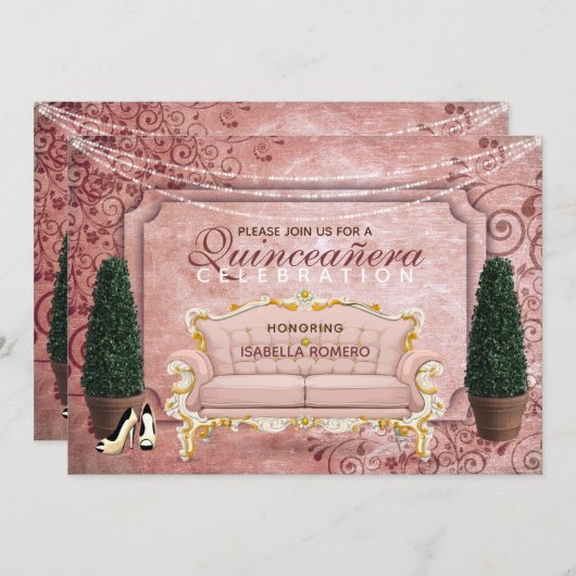 ピンクローズ金ゴールドトピアリーガーデンキンセアニラ 招待状 (正面/裏面)