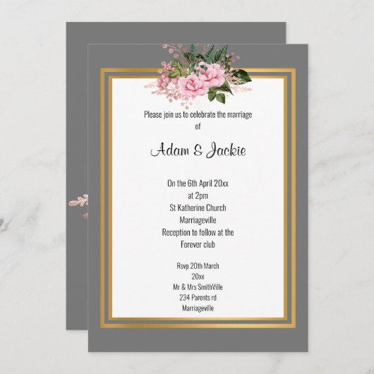 ピンクローズ金ゴールドトリムエレガントなウェディンググレー 招待状 (正面/裏面)