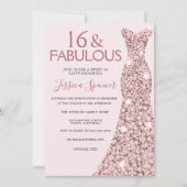 ピンクローズ金ゴールドドレススウィート16バースデーパーティー 招待状 (正面)