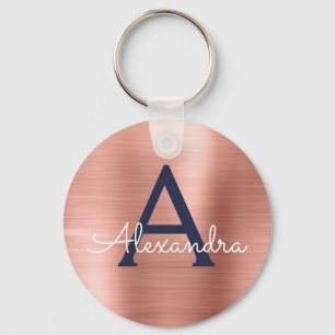 ピンクローズ金ゴールドネイビーブルーステンレススチールモノグラム キーホルダー