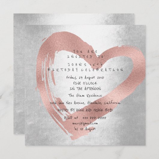 ピンクローズ金ゴールドハートシルバーバースデーパーティー 招待状 (正面/裏面)