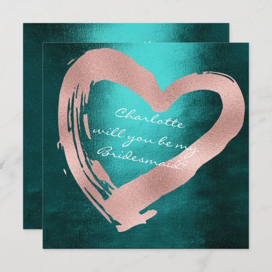 ピンクローズ金ゴールドハートティール(緑がかった色)が花嫁になる 招待状 (正面/裏面)