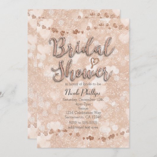 ピンクローズ金ゴールドハートブライダルシャワー招待状 招待状 (正面/裏面)