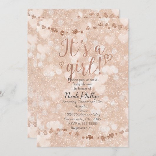 ピンクローズ金ゴールドハート女子ベビーシャワー招待状 招待状 (正面/裏面)