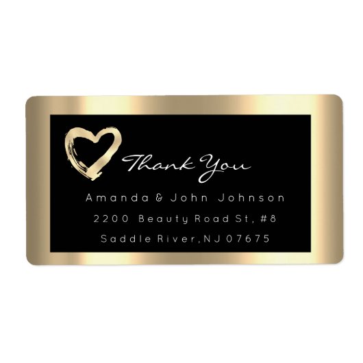 ピンクローズ金ゴールドハート赤面ブラックRSVPフレーム ラベル (正面)