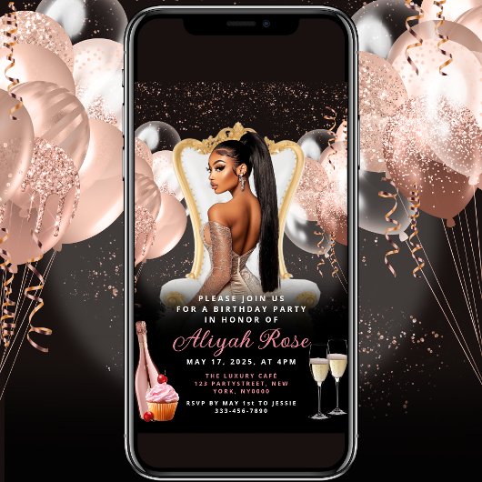 ピンクローズ金ゴールドバルーン王室の誕生日招待状 招待状