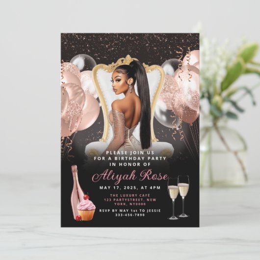 ピンクローズ金ゴールドバルーン王室の誕生日招待状 招待状 (スタンド正面)