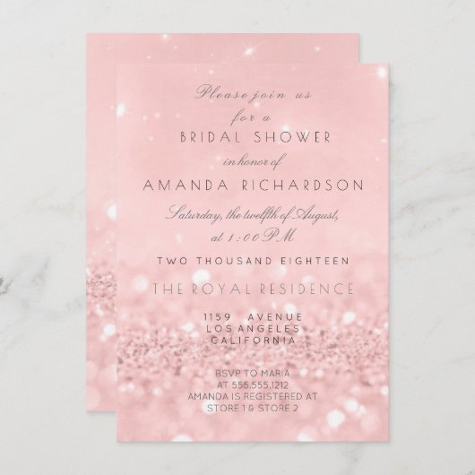 ピンクローズ金ゴールドパウダーグリッターブライダルシャワー 招待状 (正面/裏面)
