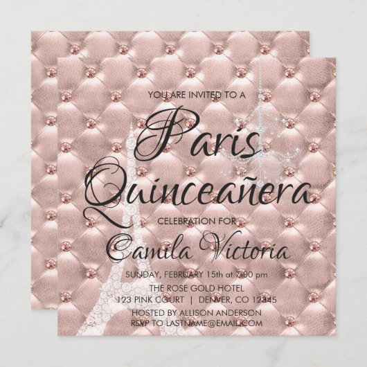 ピンクローズ金ゴールドパリキンセアニラお祝い 招待状 (正面/裏面)