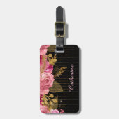 ピンクローズ金ゴールドビーズオンブラック ラゲッジタグ (正面縦)