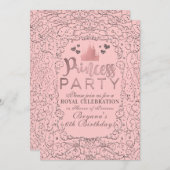 ピンクローズ金ゴールドフィリグリープリンセスパーティー誕生日 招待状 (正面/裏面)