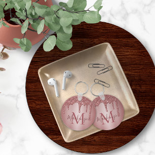 ピンクローズ金ゴールドフェイクグリッタードリップスモノグラム キーホルダー