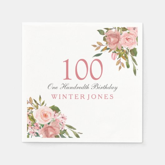 ピンクローズ金ゴールドフラワーズ10th Birthday Party Napkins スタンダードカクテルナプキン (正面)