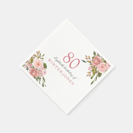 ピンクローズ金ゴールドフラワーズ80thバースデーパーティナプキンス スタンダードカクテルナプキン (角)