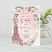 ピンクローズ金ゴールドフレームグリッタードレスブライダルシャワー 招待状 (スタンド正面)