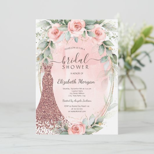 ピンクローズ金ゴールドフレームグリッタードレスブライダルシャワー 招待状 (スタンド正面)
