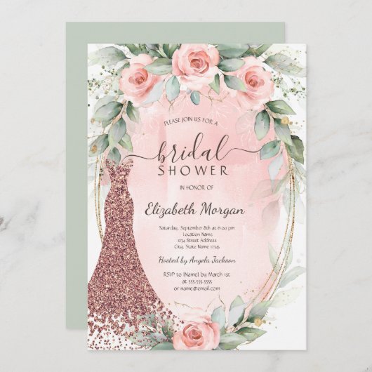 ピンクローズ金ゴールドフレームグリッタードレスブライダルシャワー 招待状 (正面/裏面)