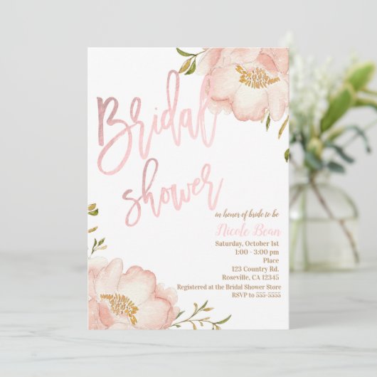 ピンクローズ金ゴールドフローラエレガントブライダルシャワー 招待状 (スタンド正面)