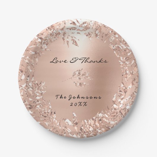 ピンクローズ金ゴールドフローラカスタムグリッター感謝してい ペーパープレート (正面)