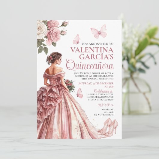 ピンクローズ金ゴールドフローラキンセアニラ15アノス 招待状 (スタンド正面)