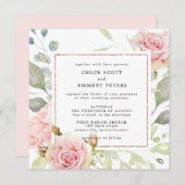 ピンクローズ金ゴールドフローラスクエア結婚ーズ 招待状 (正面/裏面)