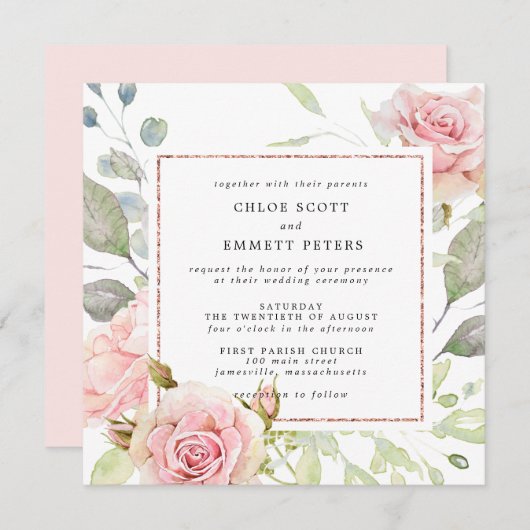 ピンクローズ金ゴールドフローラスクエア結婚ーズ 招待状 (正面/裏面)