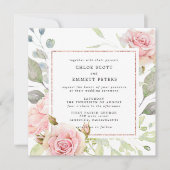 ピンクローズ金ゴールドフローラスクエア結婚ーズ 招待状 (正面)