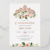 ピンクローズ金ゴールドフローラティアラバタフライキンセアニェラ 箔招待状 (正面)