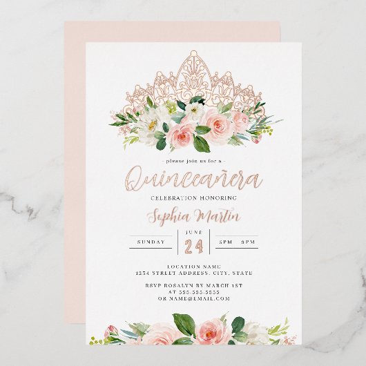 ピンクローズ金ゴールドフローラティアラバタフライキンセアニェラ 箔招待状 (正面/裏面)