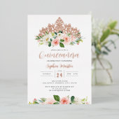 ピンクローズ金ゴールドフローラティアラバタフライキンセアニェラ 箔招待状 (立ち正面)