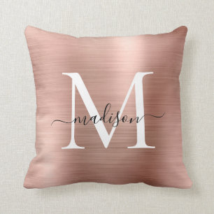 ピンクローズ金ゴールドブラシメタルスクリプガーリートモノグラム クッション