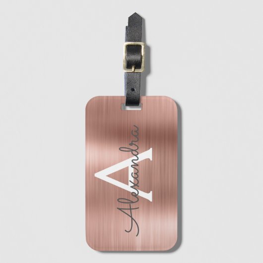 ピンクローズ金ゴールドブラシ仕上げメタルスクリプトモノグラムかわいい ラゲッジタグ (正面縦)