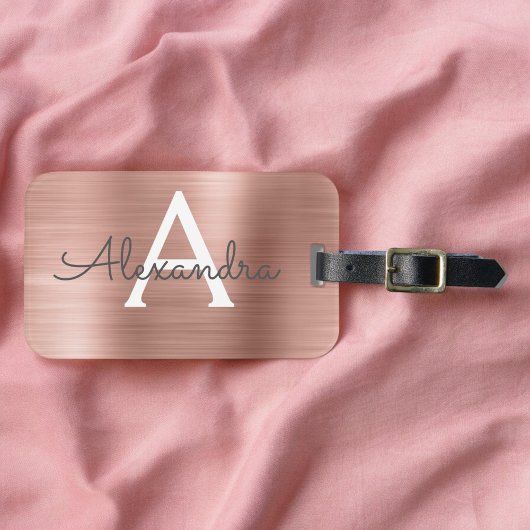 ピンクローズ金ゴールドブラシ仕上げメタルスクリプトモノグラムかわいい ラゲッジタグ