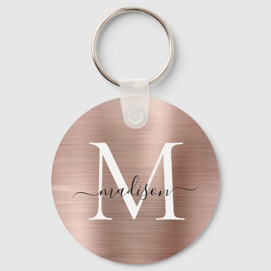 ピンクローズ金ゴールドブラシ付きメタルガーリースクリプトモノグラム キーホルダー (正面)