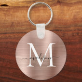 ピンクローズ金ゴールドブラシ付きメタルガーリースクリプトモノグラム キーホルダー (正面)