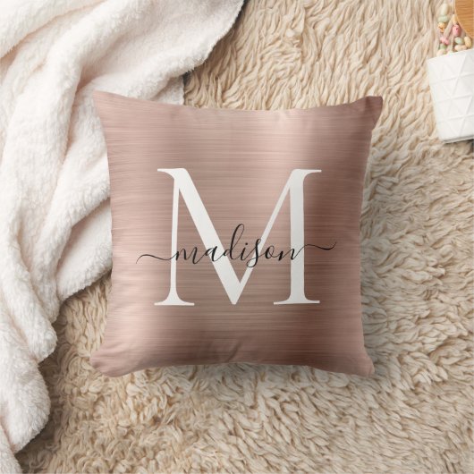 ピンクローズ金ゴールドブラシ付きメタルガーリースクリプトモノグラム クッション (ブランケット)