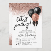ピンクローズ金ゴールドブラックグリッターバルーン誕生日 招待状 (正面/裏面)