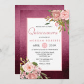 ピンクローズ金ゴールドブルゴーニュフローラキンセアニェラ招待状 招待状 (正面/裏面)