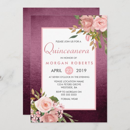 ピンクローズ金ゴールドブルゴーニュフローラキンセアニェラ招待状 招待状 (正面/裏面)