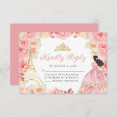 ピンクローズ金ゴールドプリンセスキンセアニラRSVPカード 出欠カード (正面/裏面)
