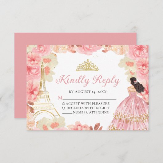 ピンクローズ金ゴールドプリンセスキンセアニラRSVPカード 出欠カード (正面/裏面)