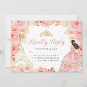ピンクローズ金ゴールドプリンセスキンセアニラRSVPカード 招待状 (正面)