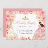 ピンクローズ金ゴールドプリンセスキンセアニラRSVPカード 招待状 (正面/裏面)