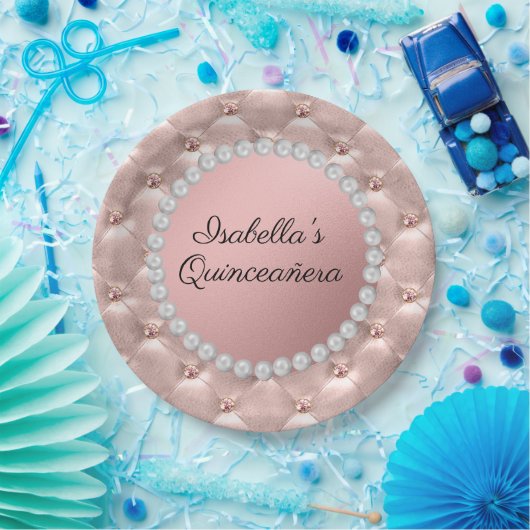 ピンクローズ金ゴールドホワイトパールクインセアニラ写真 ペーパープレート (パーティー)