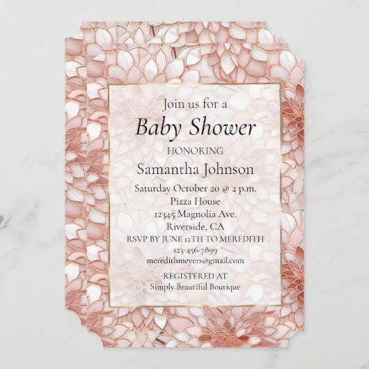 ピンクローズ金ゴールドホワイトフローラベビーシャワー 招待状 (正面/裏面)