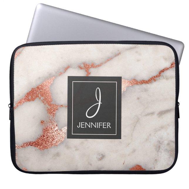 ピンクローズ金ゴールドマーブルモノグラムエレガント ラップトップスリーブ (正面)