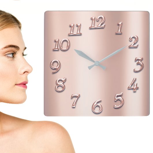 ピンクローズ金ゴールドメタリックアラビア数字赤面 ガーリー スクエア壁時計