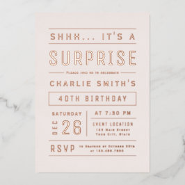 ピンクローズ金ゴールドモダンタイポグラフィサプライズ誕生日 箔招待状